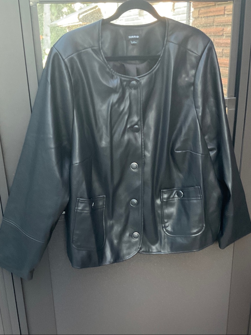 torrid Black Faux Leather Round-Neck Button Jacket